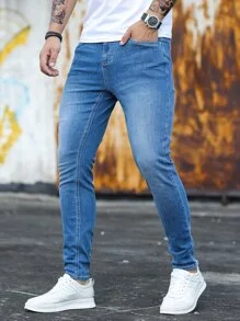 Zip Fly Skinny Jeans Washed Navy Blue - Image 5