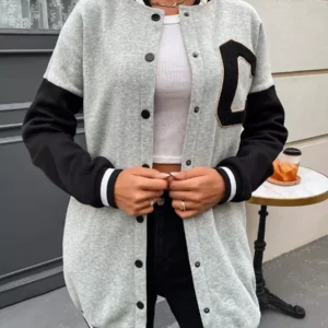 Letter Patched Colorblock Drop Shoulder Varsity Jacket - Image 5