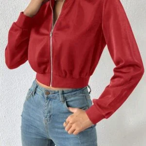 Spring ClothesSolid Zip Up Crop Bomber Jacket - Image 5