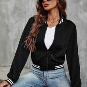 Striped Trim Zip Up Bomber Jacket - Image 5