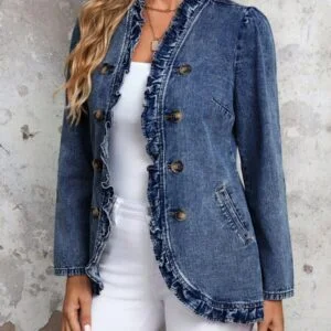 Double Breasted Frill Trim Denim Jacket - Image 5