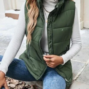 Plain Sleeveless Front Zip Simple Casual Puffer Vest - Image 5