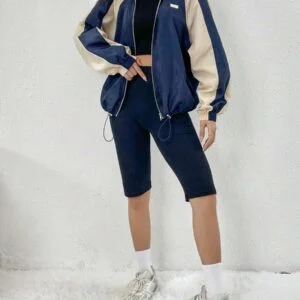 Colorblock Raglan Sleeve Drawstring Hem Zip Up Windbreaker - Image 5