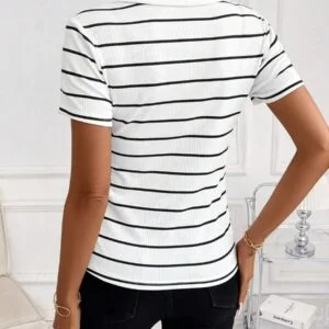 Black & White Striped Knit Short Sleeve Polo Shirt - Image 2