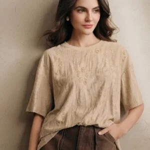 Casual Round Neck Knitted Textured Loose T Shirt - Image 5