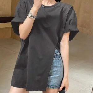 Round Neck Loose Casual Split Hem Short Sleeve T Shirt - Image 5