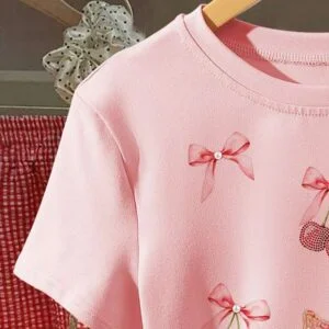 Fruit Cherry Bow Pearl Graphic Print Fitted Tee - Image 2