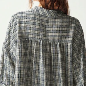 Woven Plaid Short Sleeve Loose Fit Blouse For Women - Image 5
